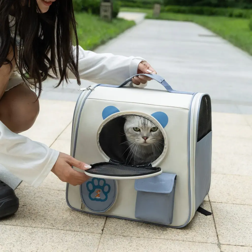 A woman in a white long-sleeve top squats on a paved path outdoors, interacting with a blue and beige pet carrier backpack featuring a cat ear-shaped circular window and paw print detail, from which a gray cat peers out. The background includes a park pathway and greenery.
