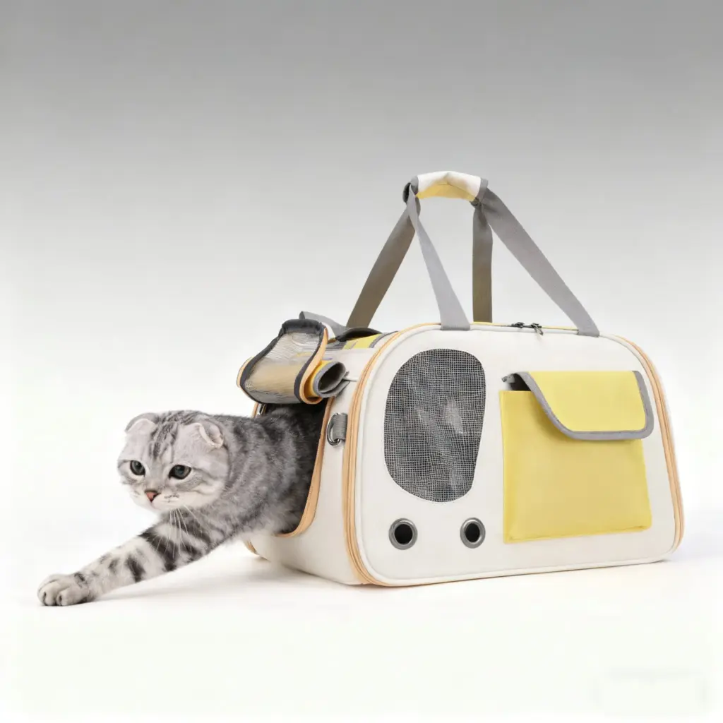 A gray tabby cat, likely a Scottish Fold, is crawling out of a beige and yellow pet carrier bag. The bag features gray handles and straps, mesh ventilation holes, and a yellow accent panel, set against a light gray background.